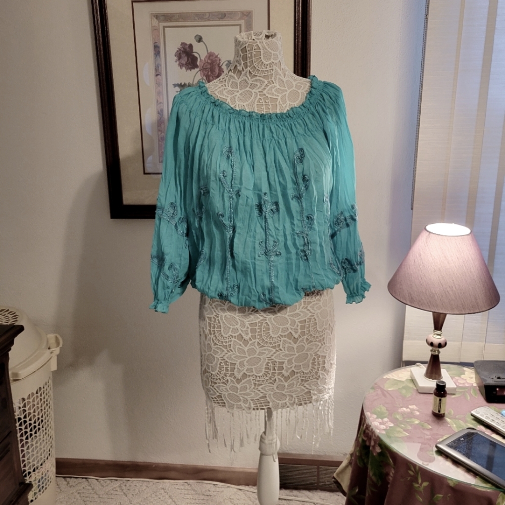 INC silky turquoise blouse.